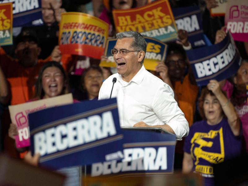 Xavier Becerra speaks at a rally 