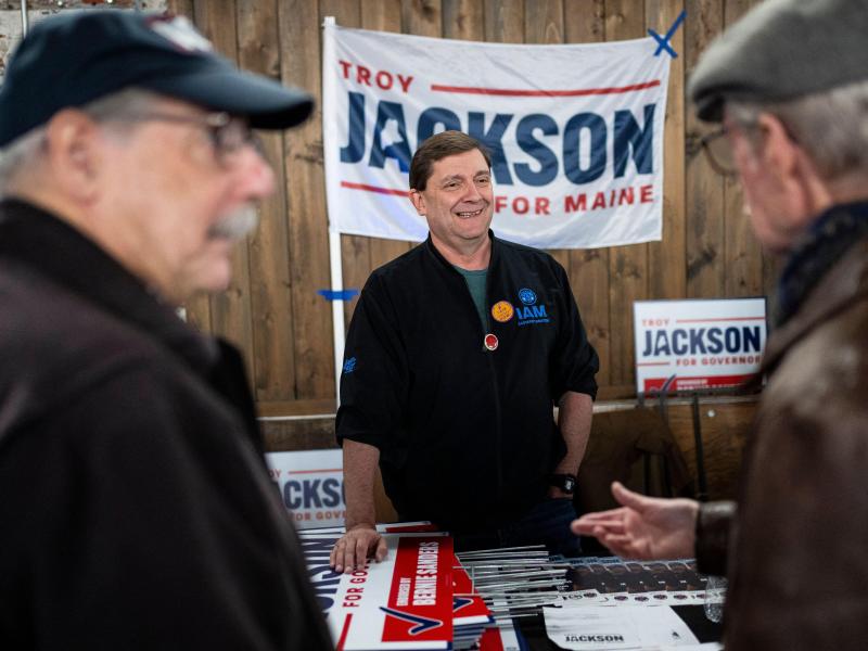 Maine gubernatorial candidate Troy Jackson speaks with voters